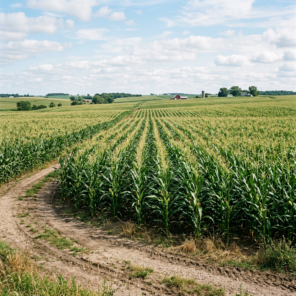 Rows of green corn plants growing in a large field with a farm and a red barn in the distance under a partly cloudy sky